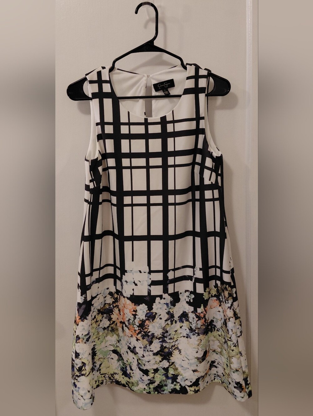 Jessica Simpson SZ 6 Black & White Grid Floral Hem Sleeveless Dress
